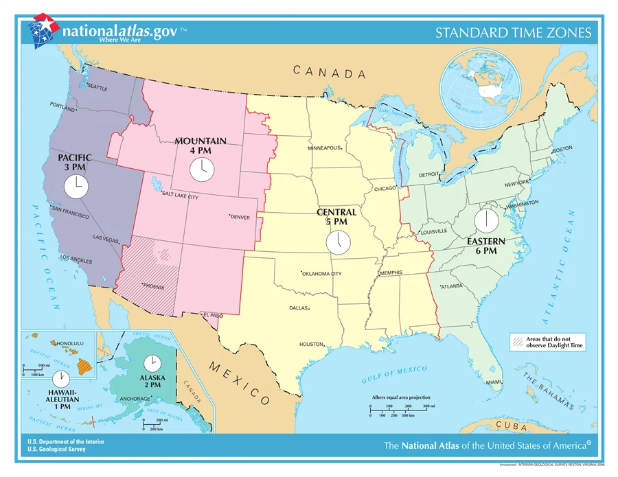 Map of the United States divided into its time zones: Eastern, Central, Mountain, Pacific, Alaska, and Hawaii.