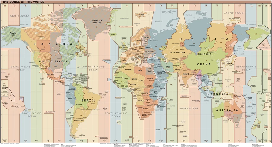 Map of the world divided into standard time zones, labelled with their UTC offsets from UTC−12 to UTC+14.